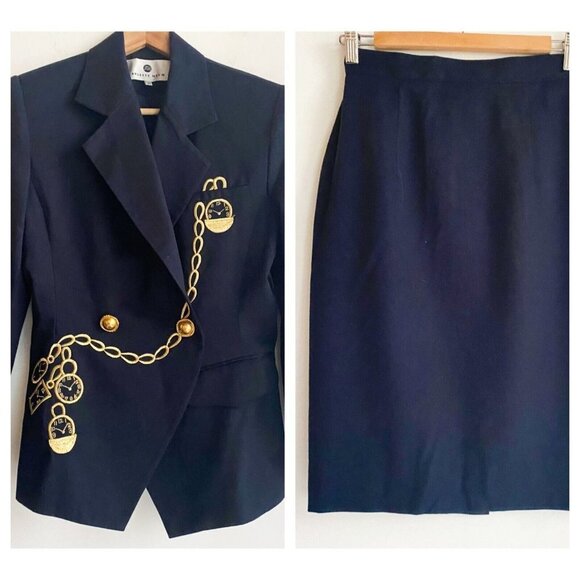 Vintage Arlette Neym Watch Clock Gold Embroidered Navy Blue Skirt Suit 40